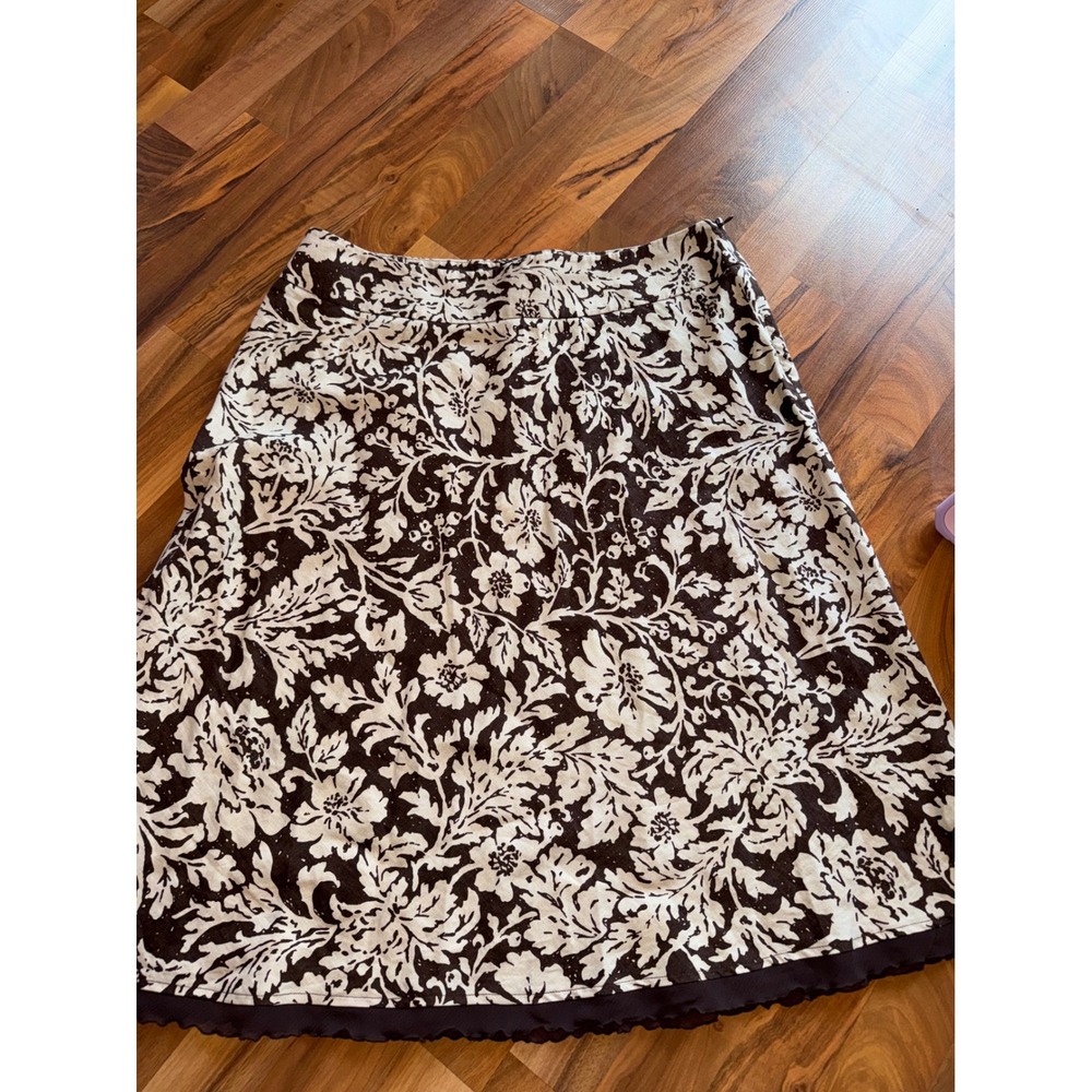 Style & Co Linen Skirt‎ 16 Brown Excellent Floral Damask Scallop Trim summer